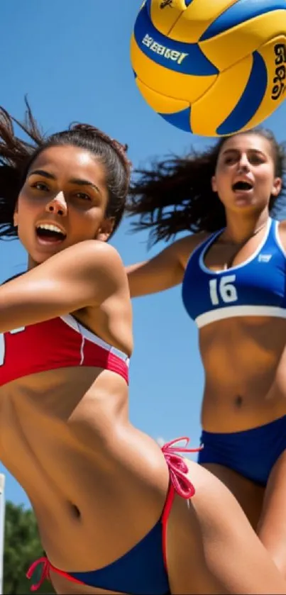 Beach volleyball players in action with a vibrant blue sky background.