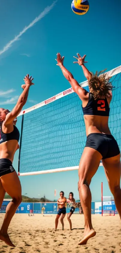 Beach volleyball players in action under a blue sky on a sunny day.