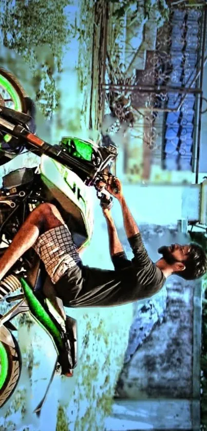 Dynamic bike stunt action in an urban setting, green and energetic wallpaper.