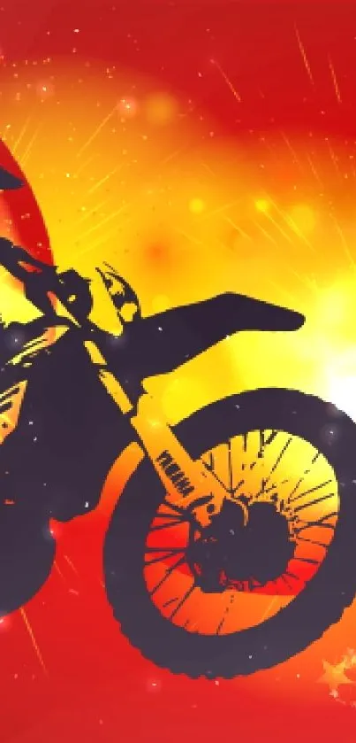 Silhouette of a motorcyclist riding against a dynamic red and yellow fiery background.