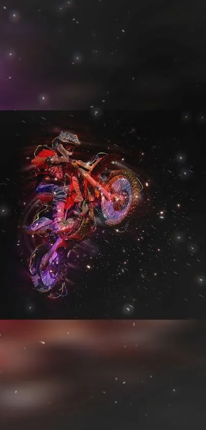 Motorbike performing a dynamic stunt with vibrant colors on a black backdrop.