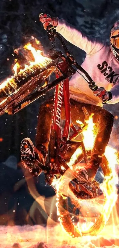 Bike performing a stunt with flaming wheels on snow.