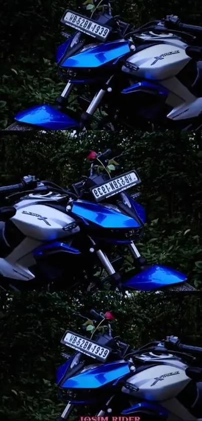 Dynamic motorcycle with blue tones in a forest backdrop.