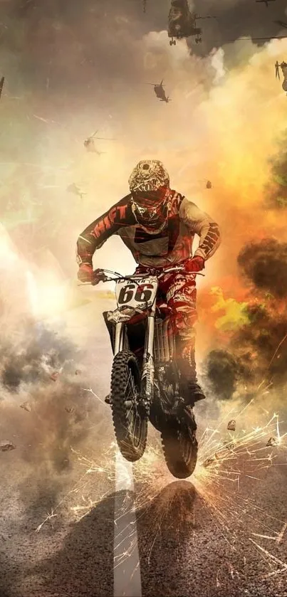 Motocross biker racing through smoke with helicopters above.