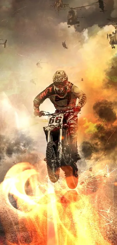 Biker racing through fiery explosion with helicopters overhead.