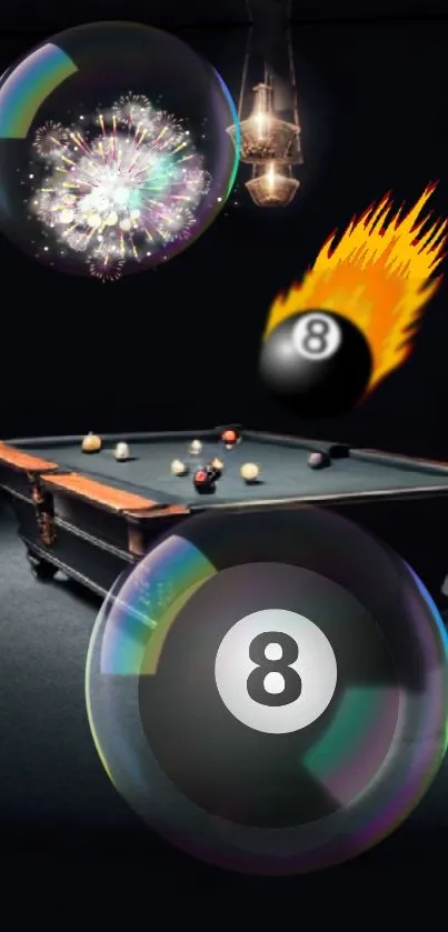 Dynamic billiards wallpaper with 8-balls, bubbles, and colorful effects.