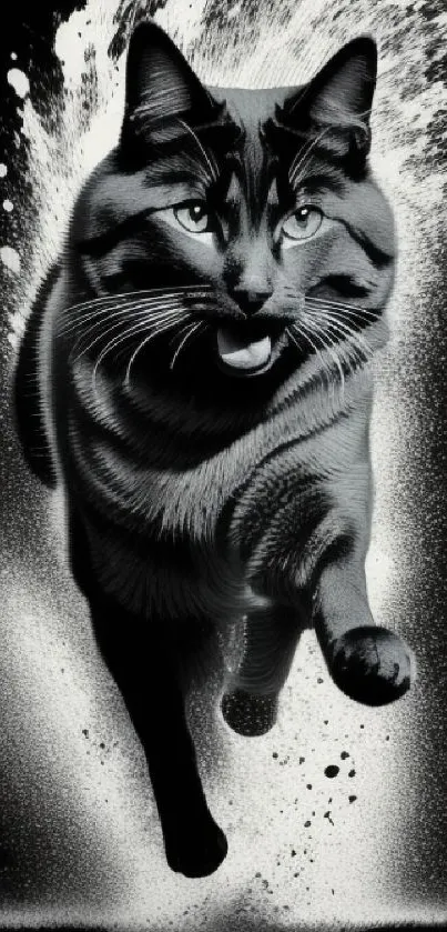 Dynamic black and white illustration of a cat in motion against splash background.