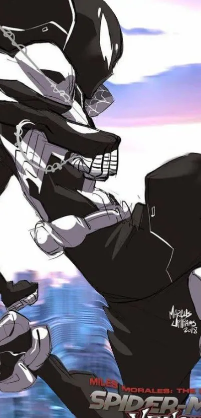 A black-suited hero in a dynamic animated action scene.