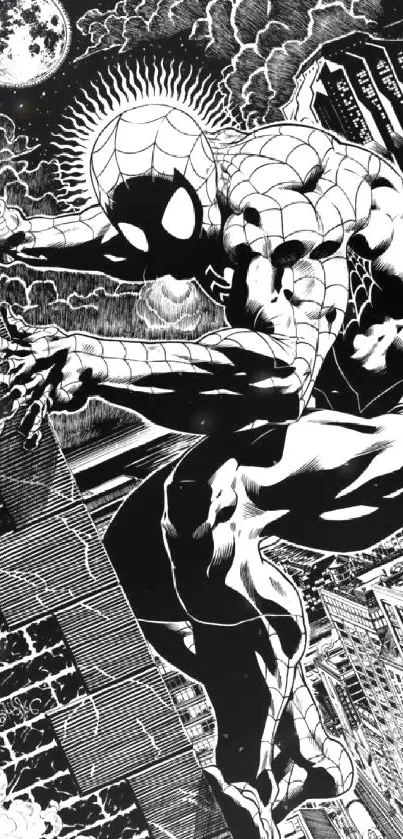 Black and white illustration of a superhero in action over a cityscape.