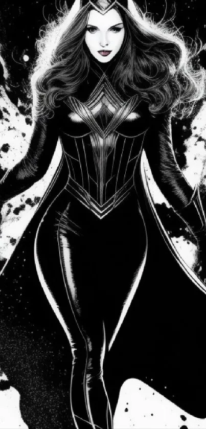 Black and white illustration of a dynamic heroine with flowing hair.