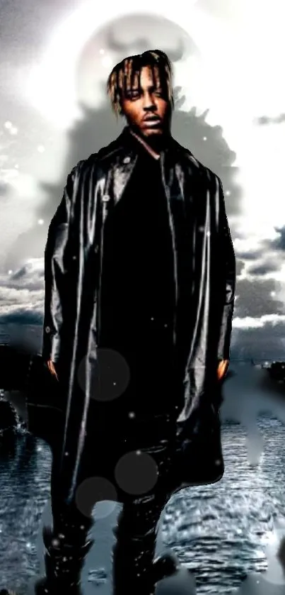 Man in black coat with cloudy sky background wallpaper.