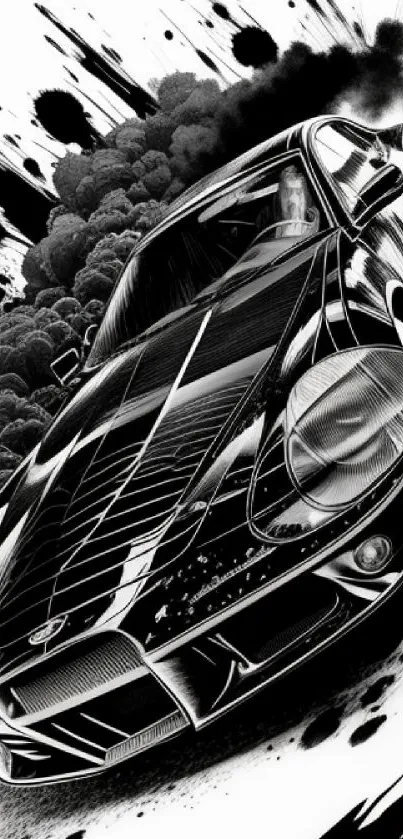 Dynamic black car art with ink splashes and smoke.