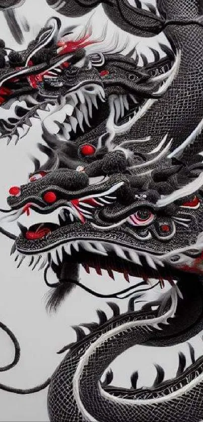 Black dragon art with red accents on mobile wallpaper.