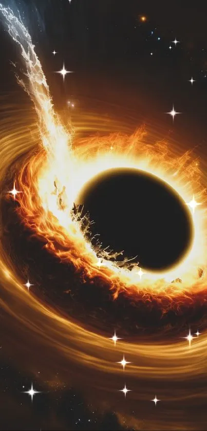 Dynamic black hole with bright whirlpool effect in space-themed wallpaper.
