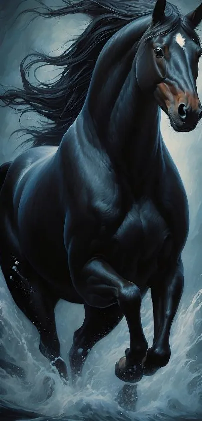 Dynamic black horse running through water with flowing mane.