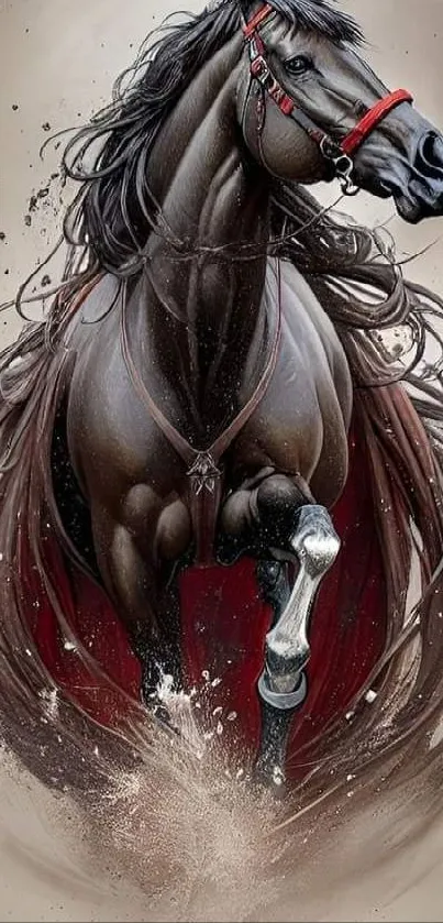 Dynamic black horse with flowing mane, captivating design.