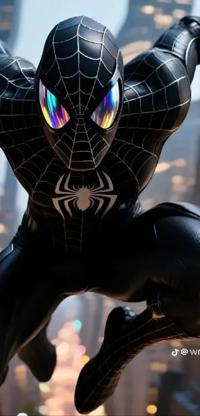 Black-suited superhero leaping through a city skyline at night.