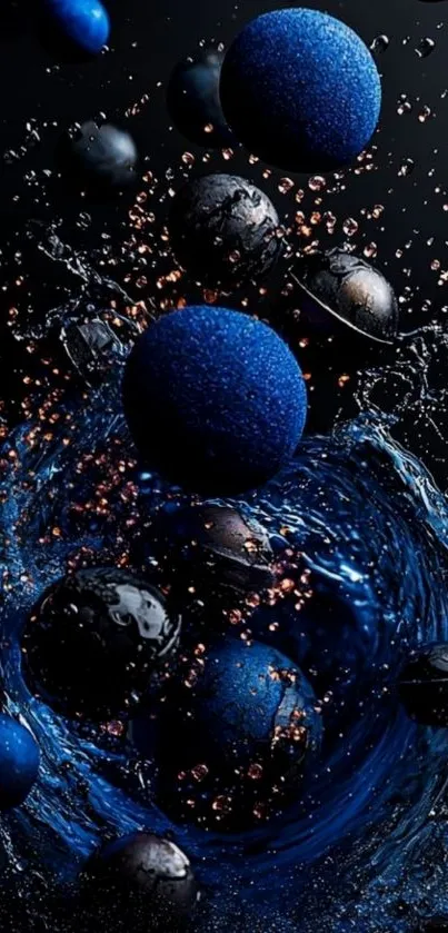 Dynamic abstract art featuring blue spheres and splashes on a dark background.
