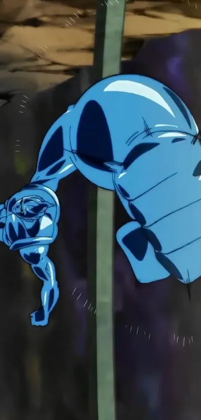 Blue action figure in dynamic motion on a vibrant anime background.