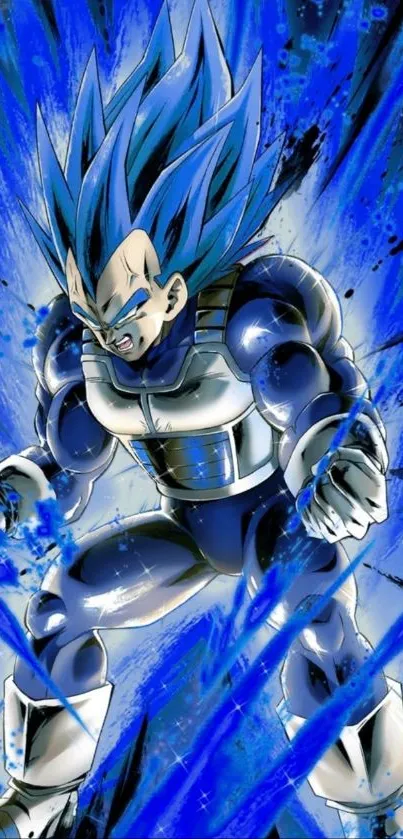 Anime warrior with blue aura and intense energy