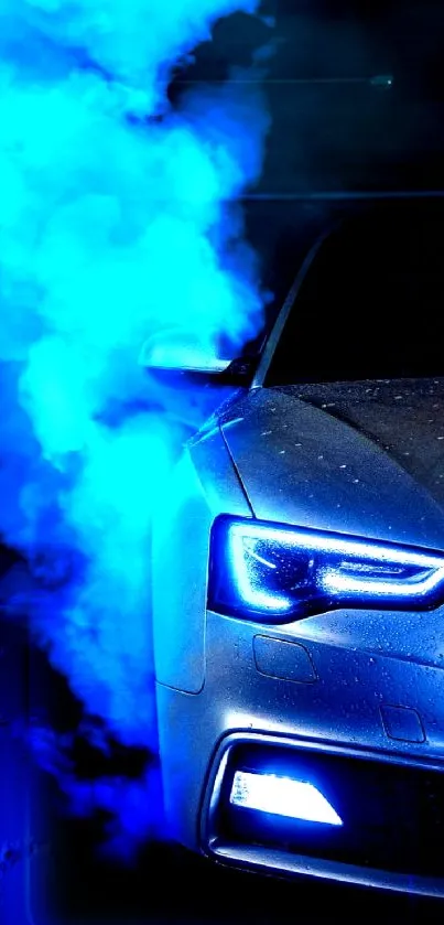 Sleek car with blue smoke background wallpaper.