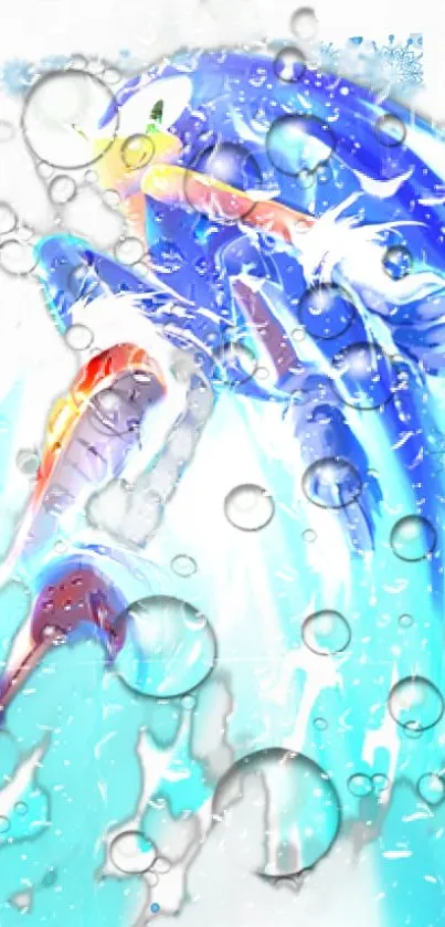 Dynamic blue character with water effects on mobile wallpaper.