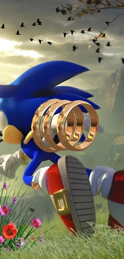 Sonic the Hedgehog running through a vibrant landscape in a mobile wallpaper.