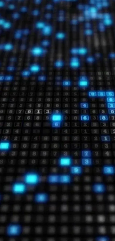 Blue digital matrix wallpaper with glowing pixels on a dark background.