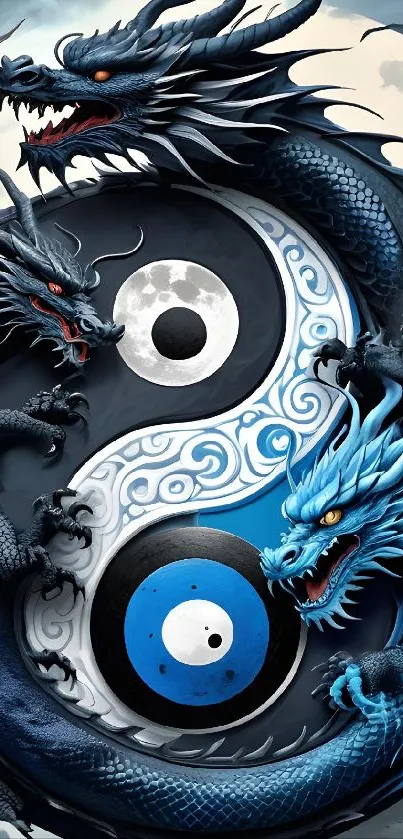 Blue dragons circling a yin-yang symbol in dynamic design.