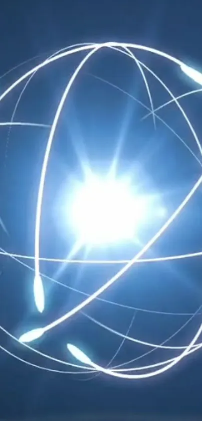 Dynamic blue energy sphere with glowing lines on a dark blue background.