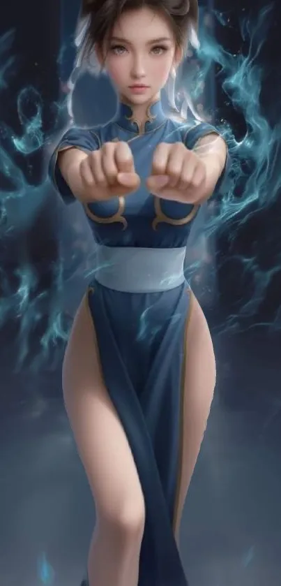 Anime warrior with blue aura and dynamic pose.