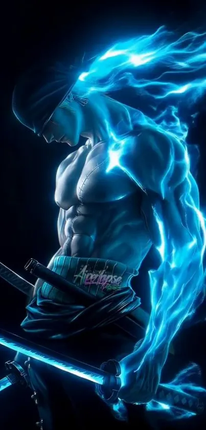 Warrior with blue energy aura and swords.