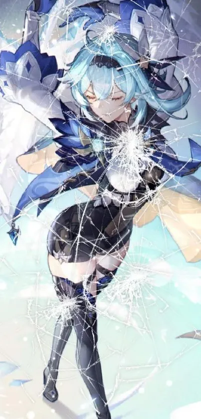 Fantasy character in blue-themed dynamic art design on mobile wallpaper.