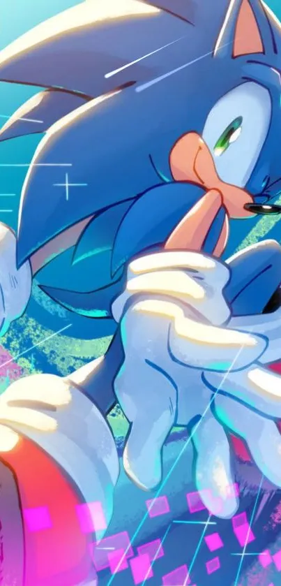 Anime style blue hedgehog in vibrant action pose.