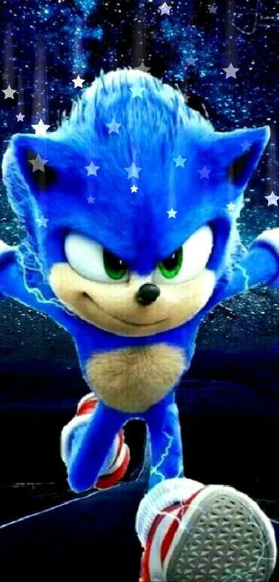 Energetic blue character running under a starry night sky.