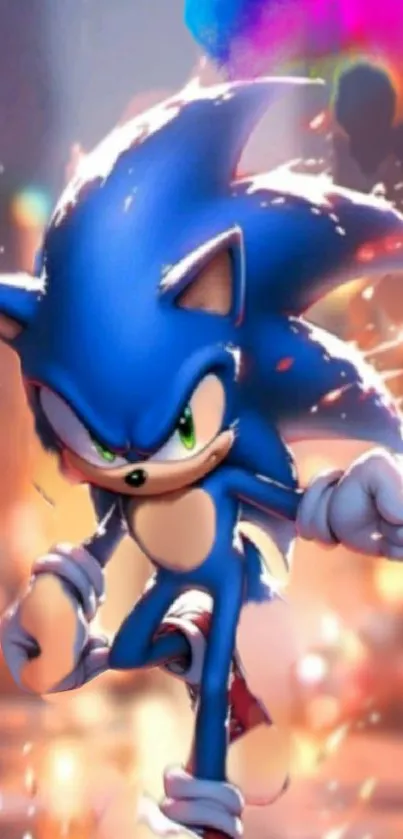 Blue animated hero in dynamic action pose against a vibrant background.