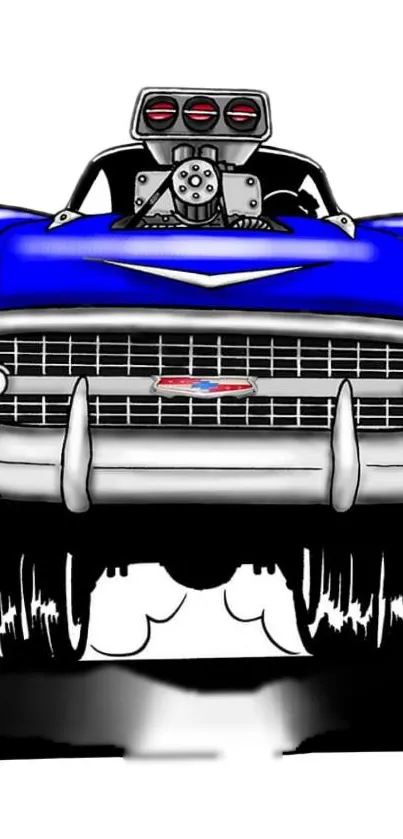 Illustration of a blue hot rod car making a dynamic leap.