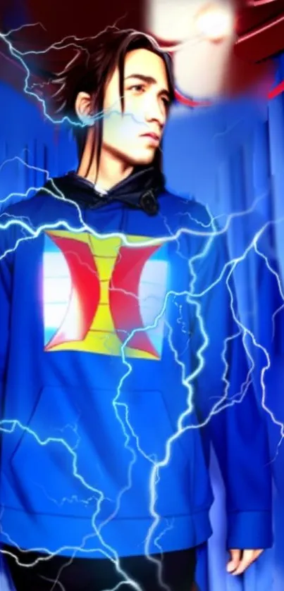 Person in blue hoodie with lightning design on mobile wallpaper.