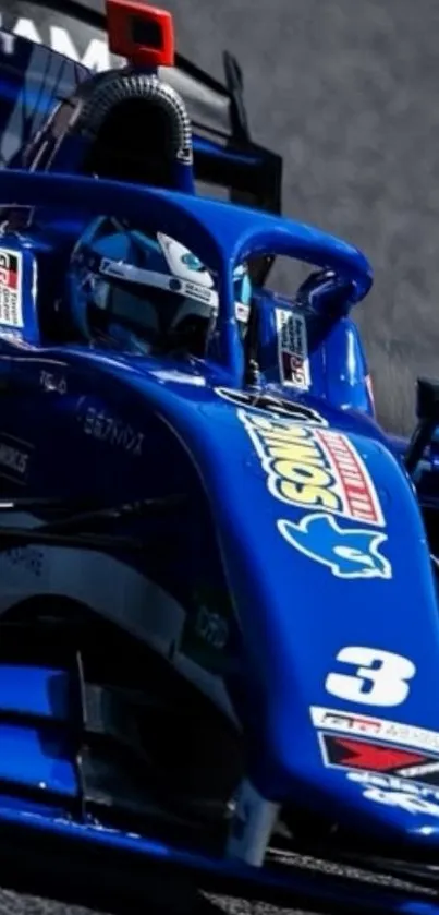 Dynamic blue racing car zooms on track.
