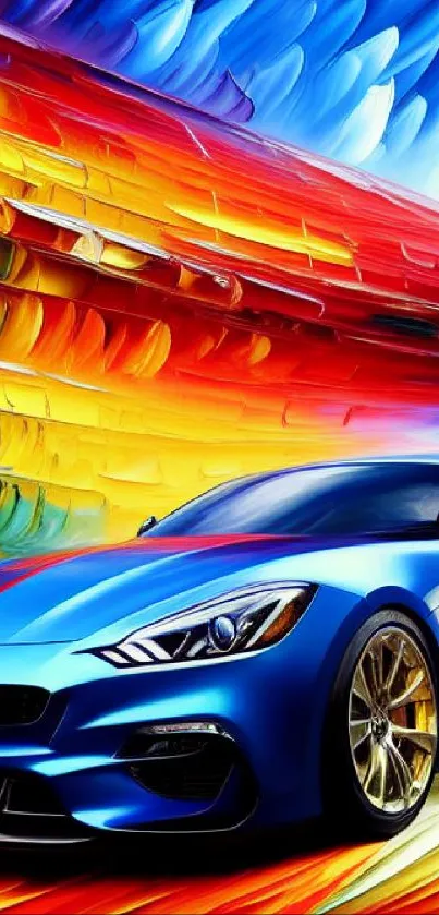 Blue sports car with vibrant abstract background.