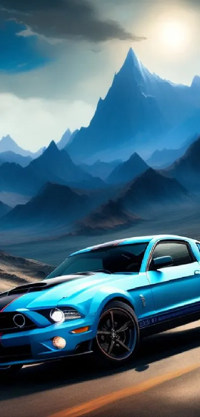 Blue sports car on mountain road under vibrant sky.