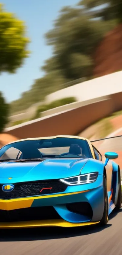 Blue sports car speeding on a curvy road.