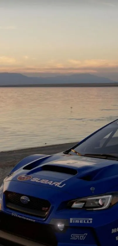 Blue sports car by the sea during sunset, perfect for car enthusiasts.