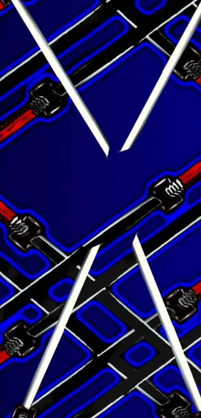 Dynamic wallpaper with crossed swords on a cobalt blue background.