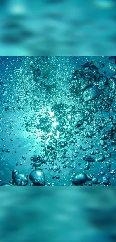 Dynamic underwater scene with blue bubbles and light reflections.