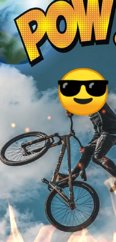 BMX biker performing stunt with comic and fiery visuals.