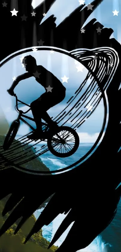 Silhouette of BMX cyclist with artistic coastal design.