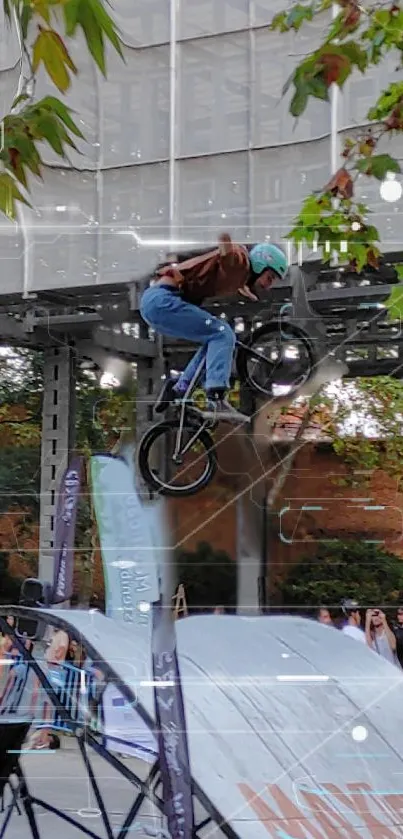 BMX cyclist performing a high jump trick against an urban backdrop.