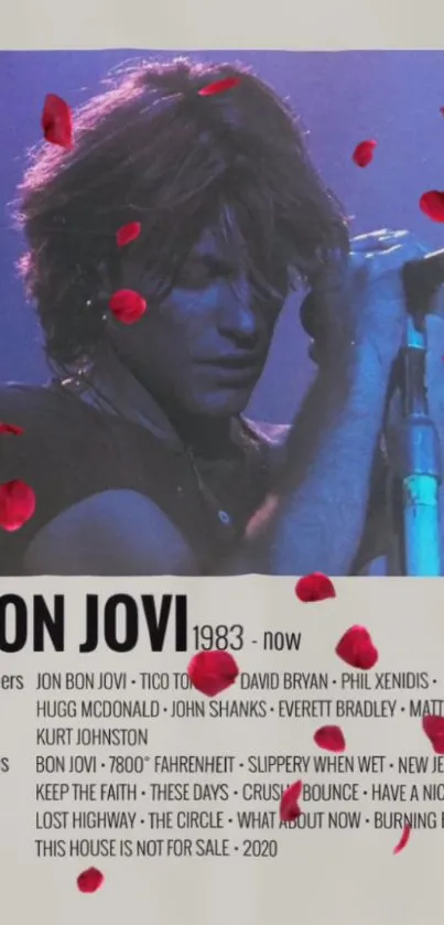 Bon Jovi concert wallpaper with blue tones and red rose petals.