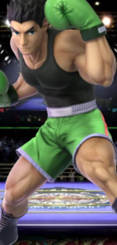 Animated boxer in vibrant green attire ready to punch.